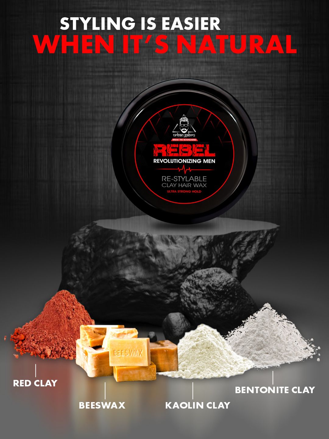 Urbangabru Rebel Hair Styling Clay Wax for Men - 85 gm - Image 3